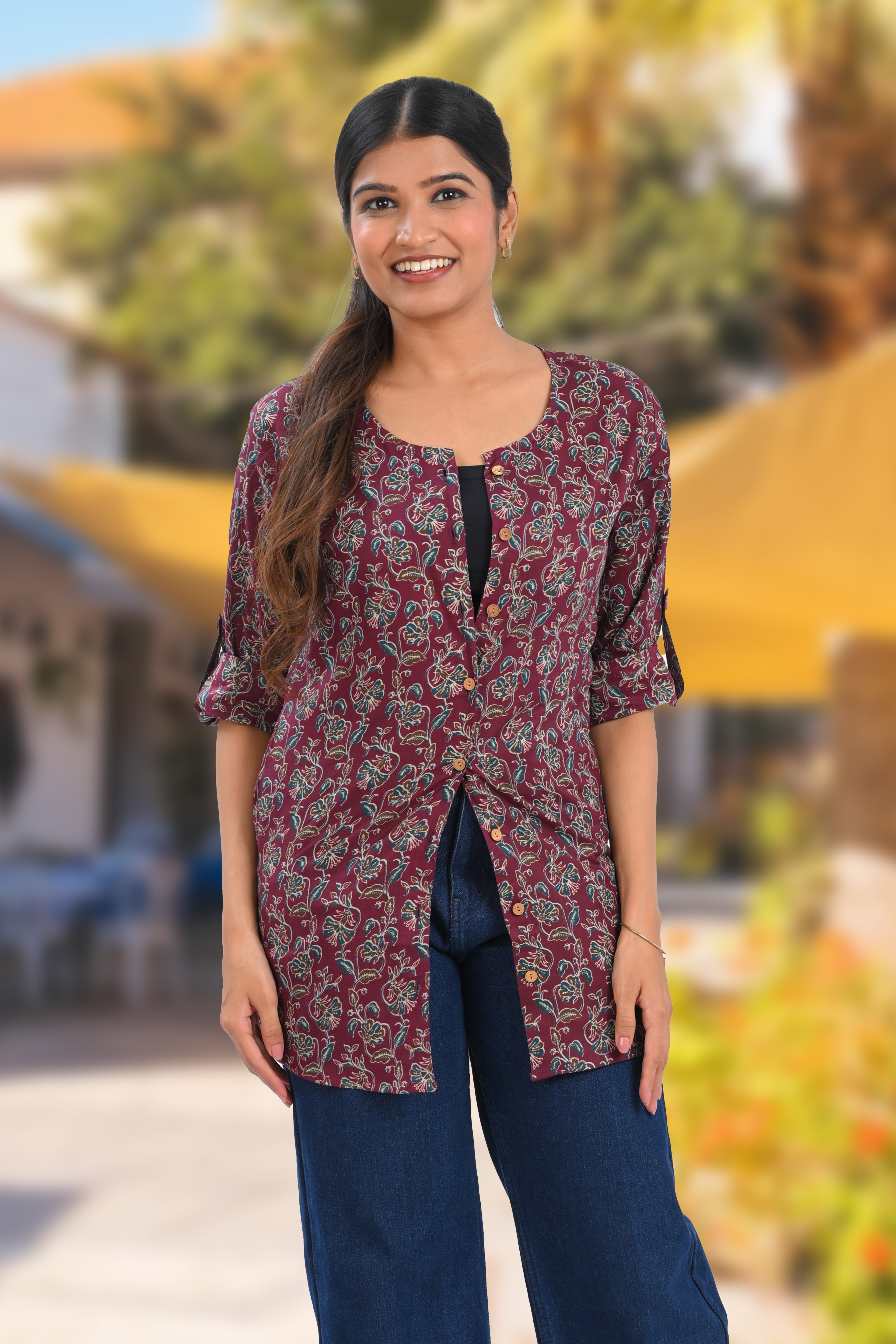 Burgundy Cotton Printed Short Kurti