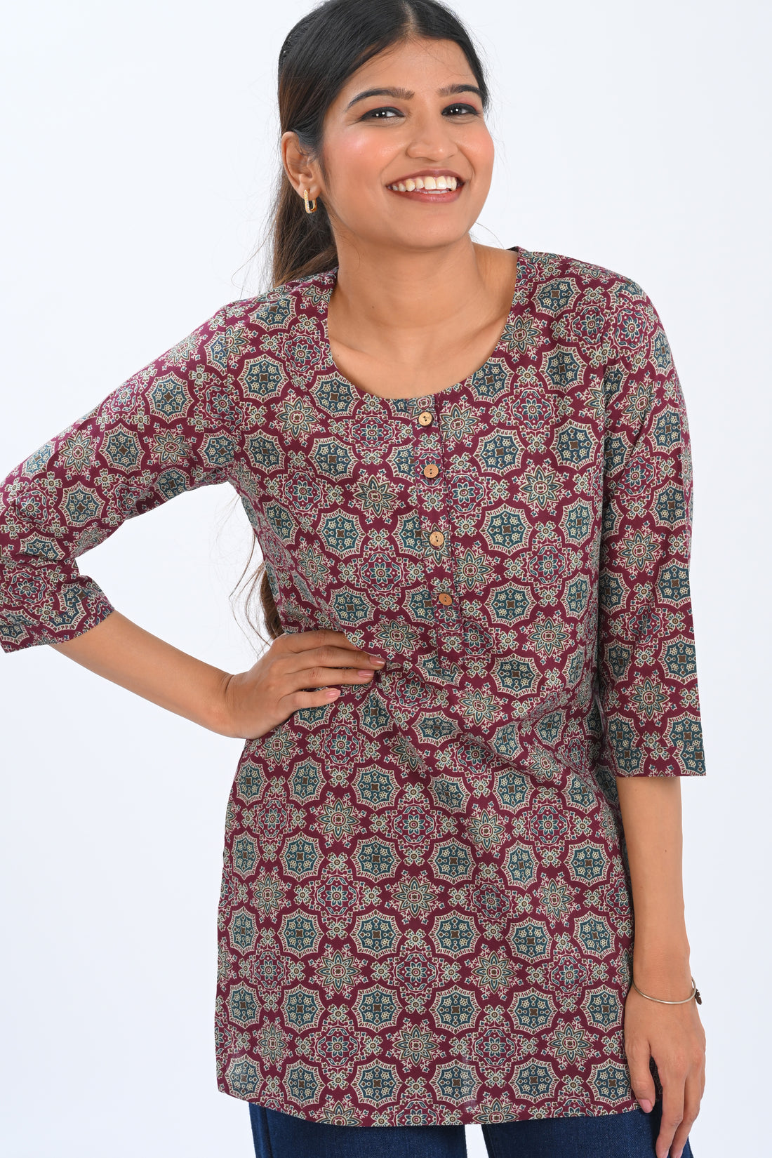 Burgundy Cotton Printed Short Kurti