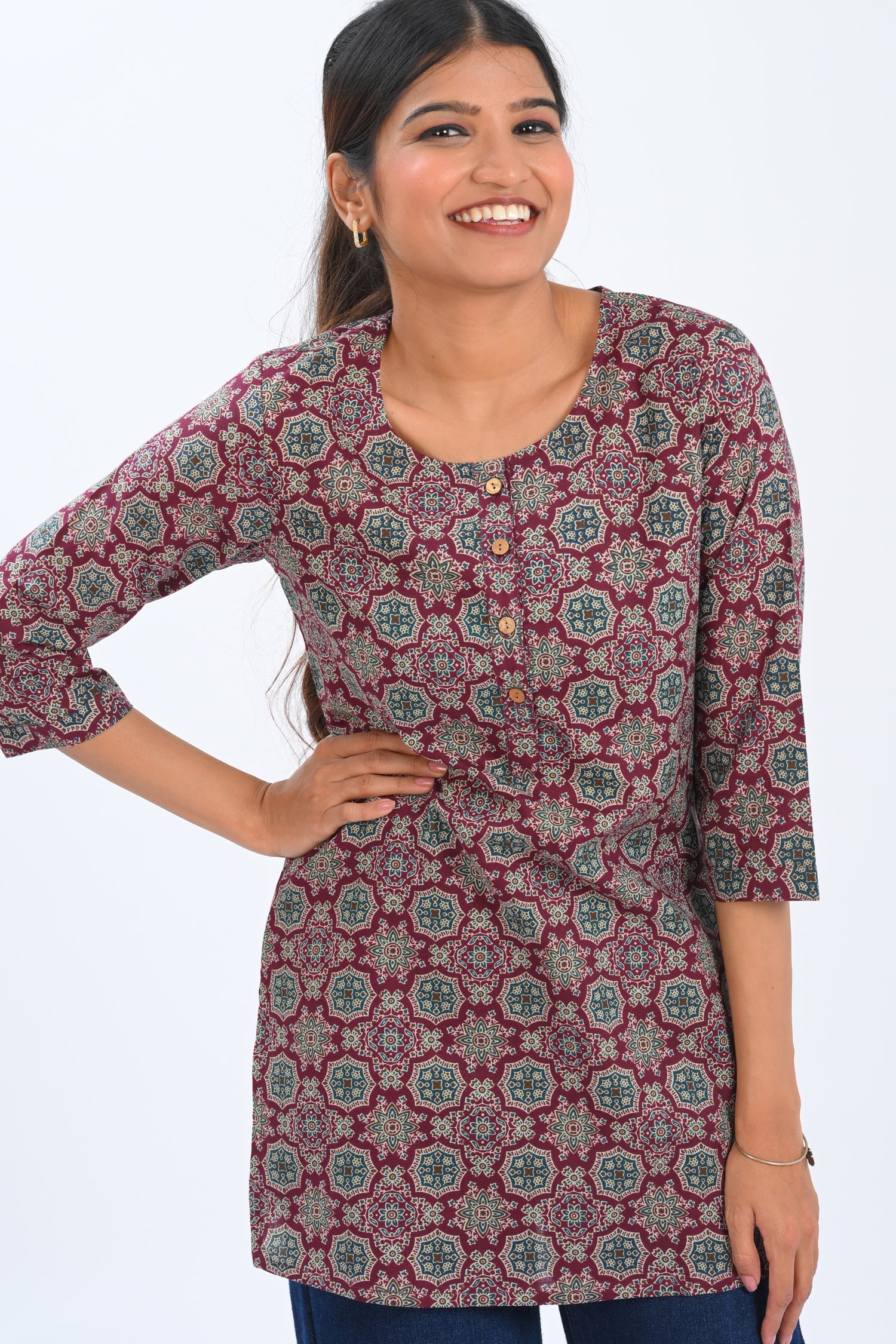 Burgundy Cotton Printed Short Kurti