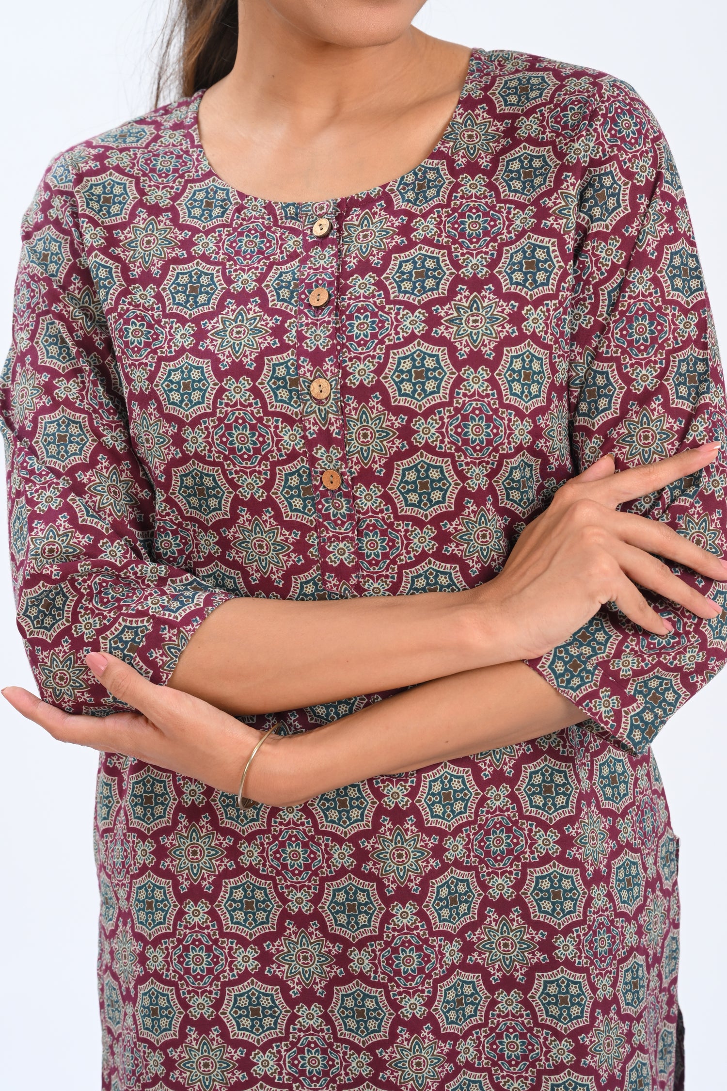Burgundy Cotton Printed Short Kurti