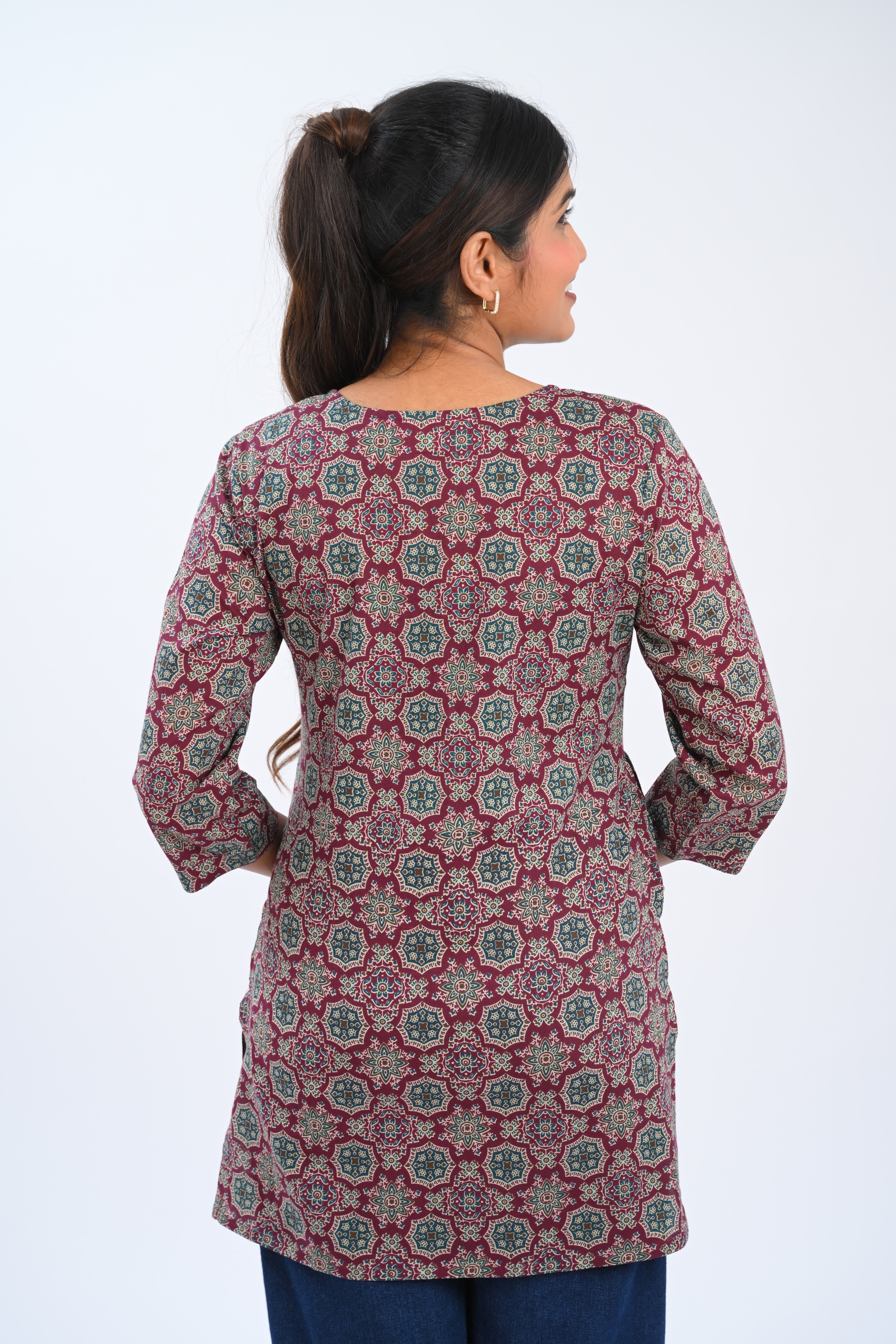 Burgundy Cotton Printed Short Kurti