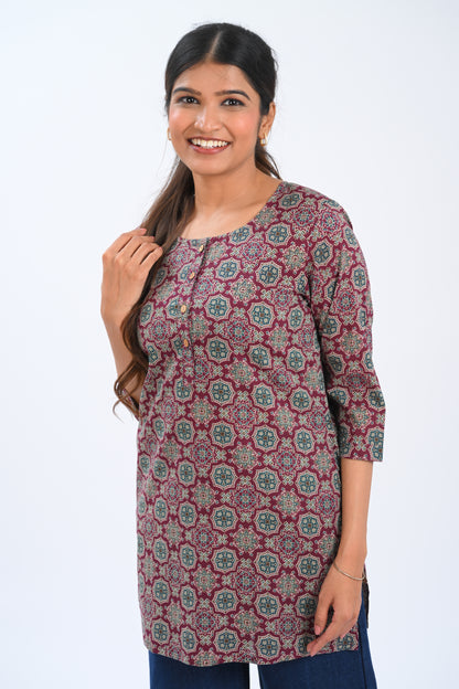 Burgundy Cotton Printed Short Kurti