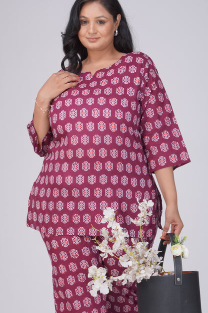 Burgundy Plus Size Cotton Printed Pyjama Set