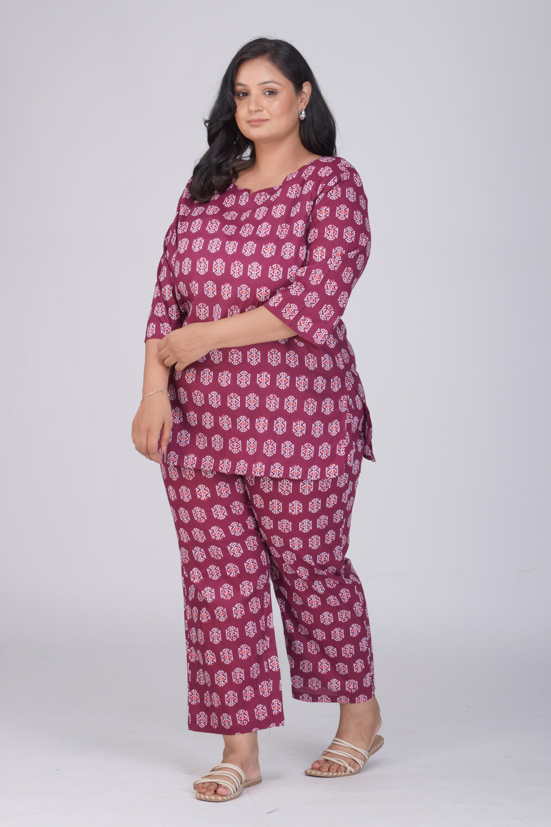 Burgundy Plus Size Cotton Printed Pyjama Set