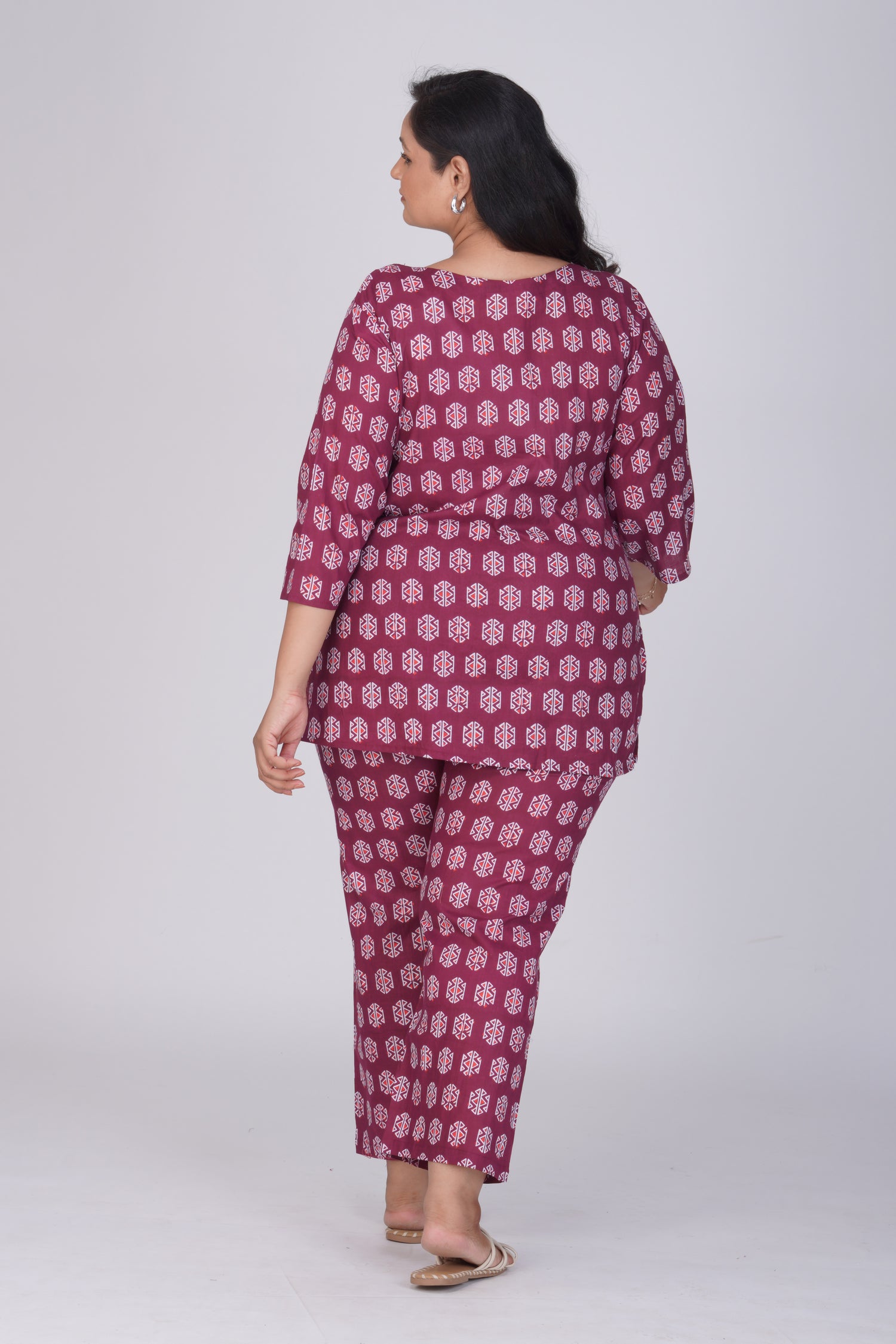Burgundy Plus Size Cotton Printed Pyjama Set
