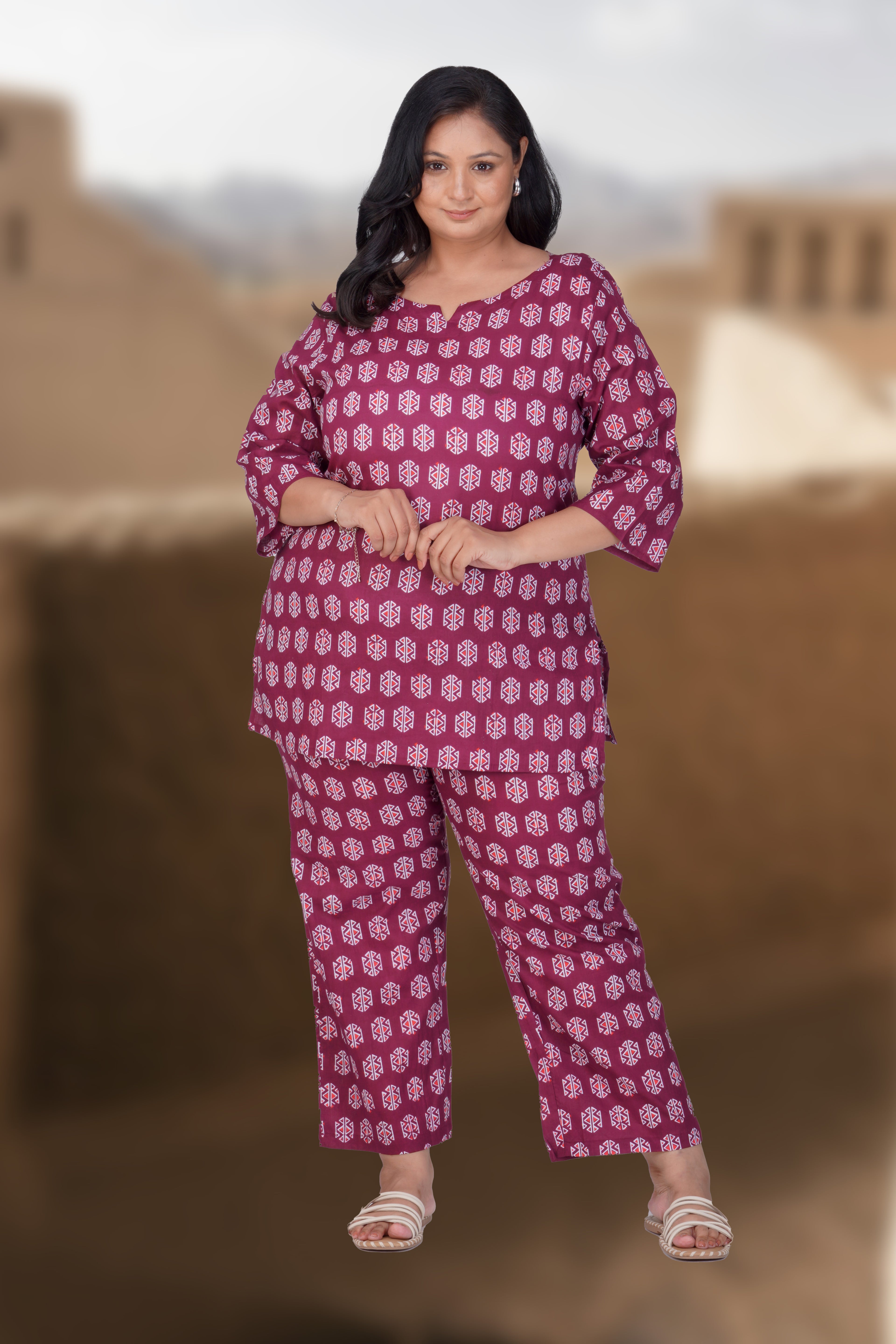 Burgundy Plus Size Cotton Printed Pyjama Set