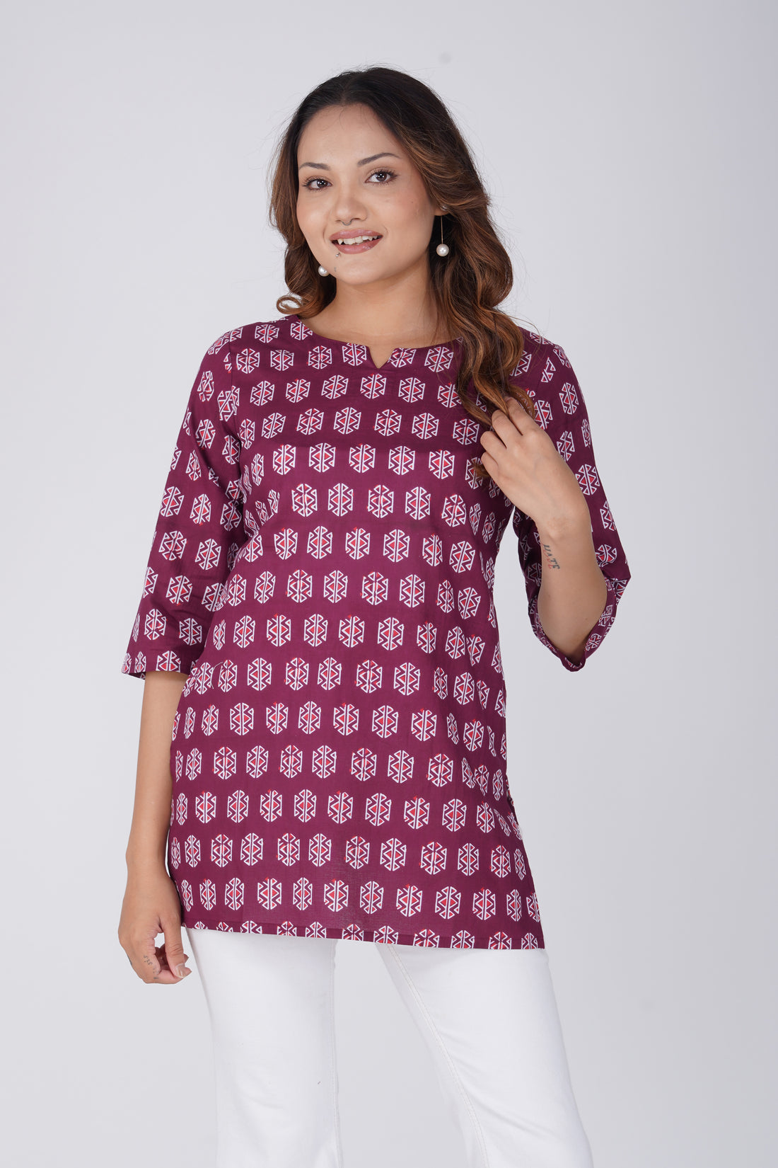 Burgundy Cotton Printed Kurti
