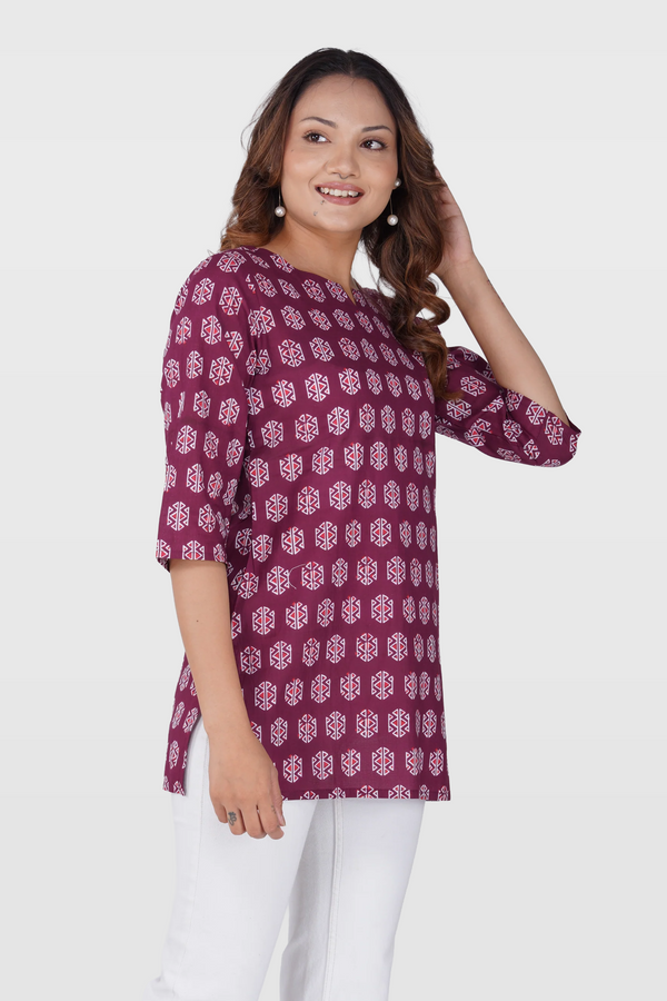 Burgundy Cotton Printed Kurti
