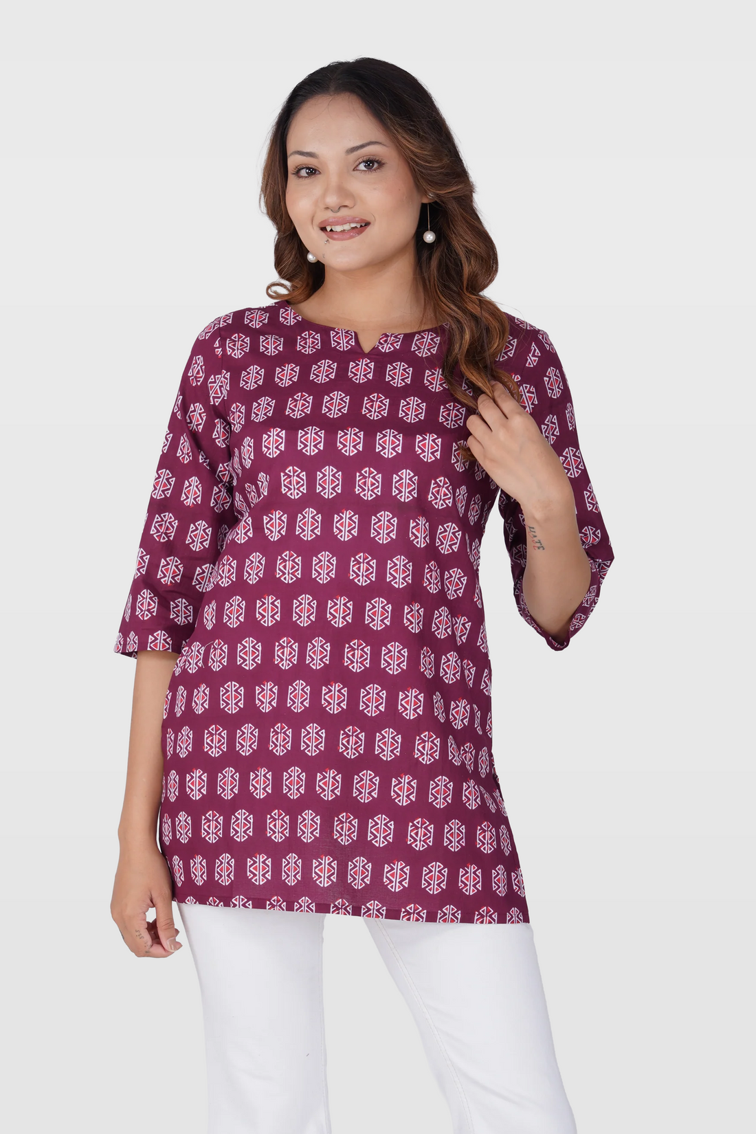 Burgundy Cotton Printed Kurti