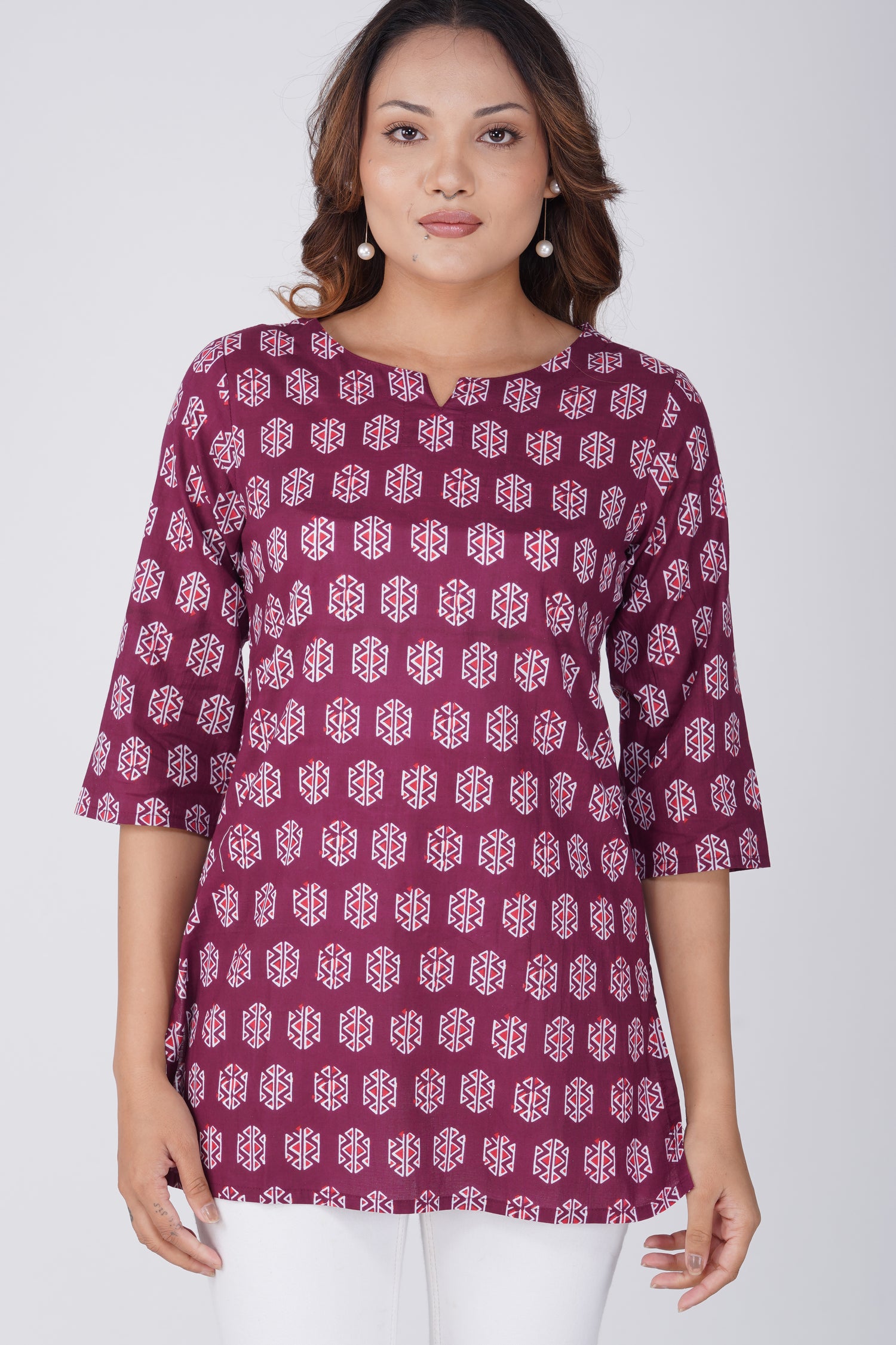 Burgundy Cotton Printed Kurti
