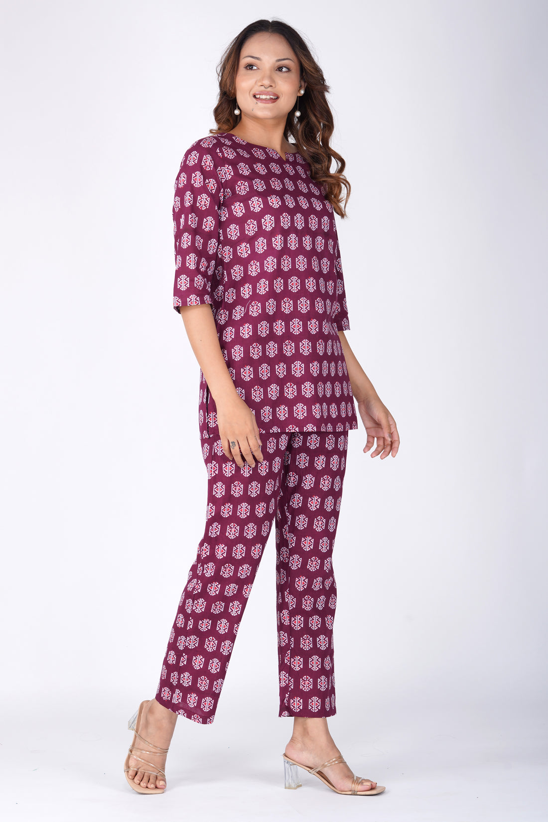 Burgundy Cotton Printed Pyjama Set