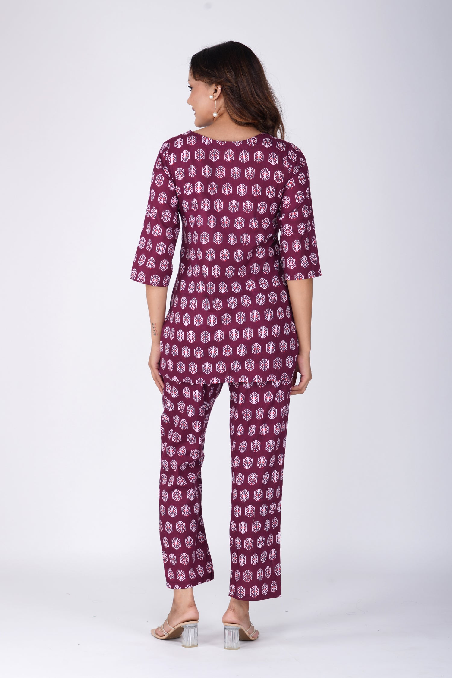 Burgundy Cotton Printed Pyjama Set