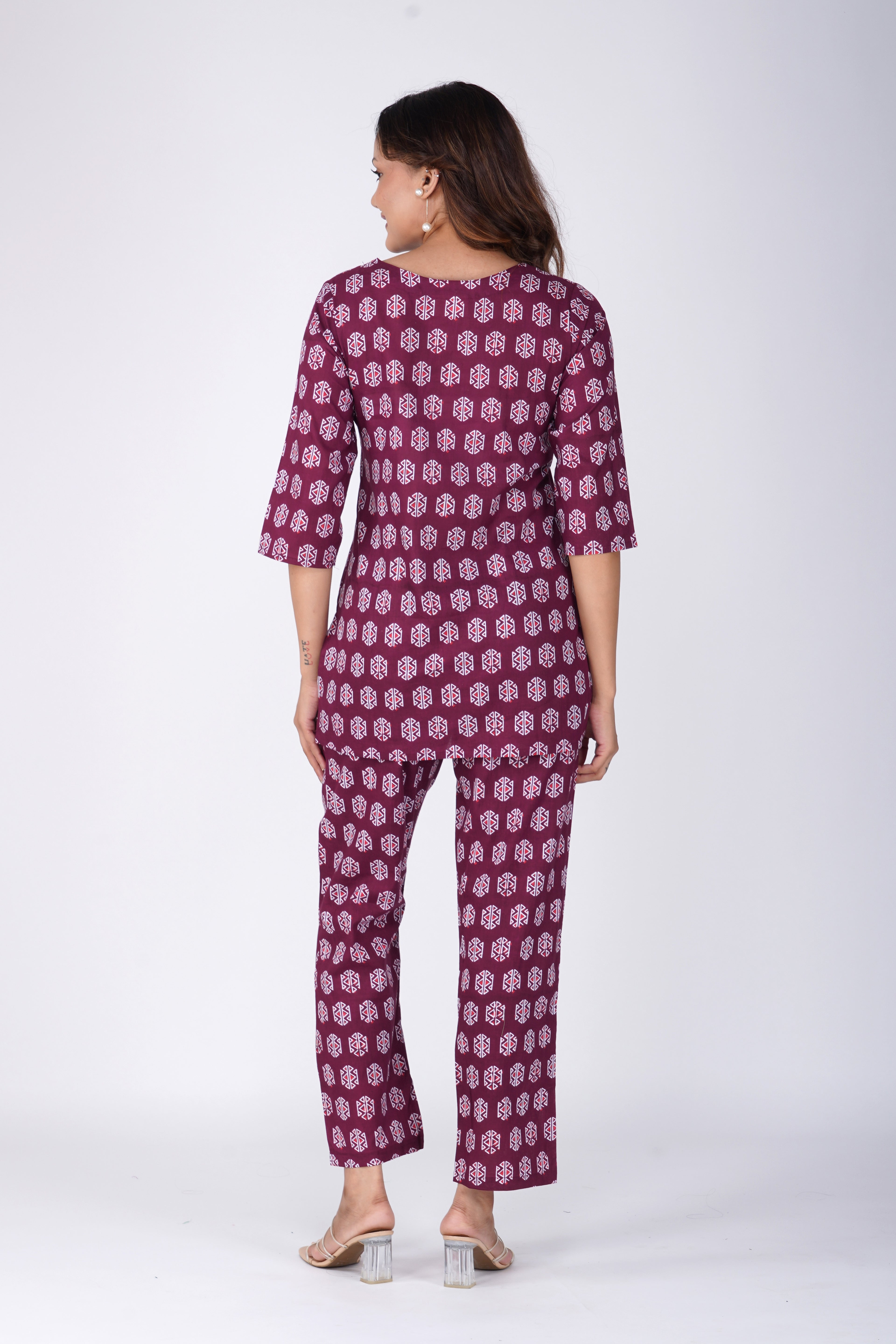 Burgundy Cotton Printed Pyjama Set