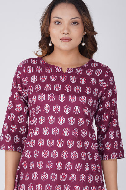 Burgundy Cotton Printed Pyjama Set