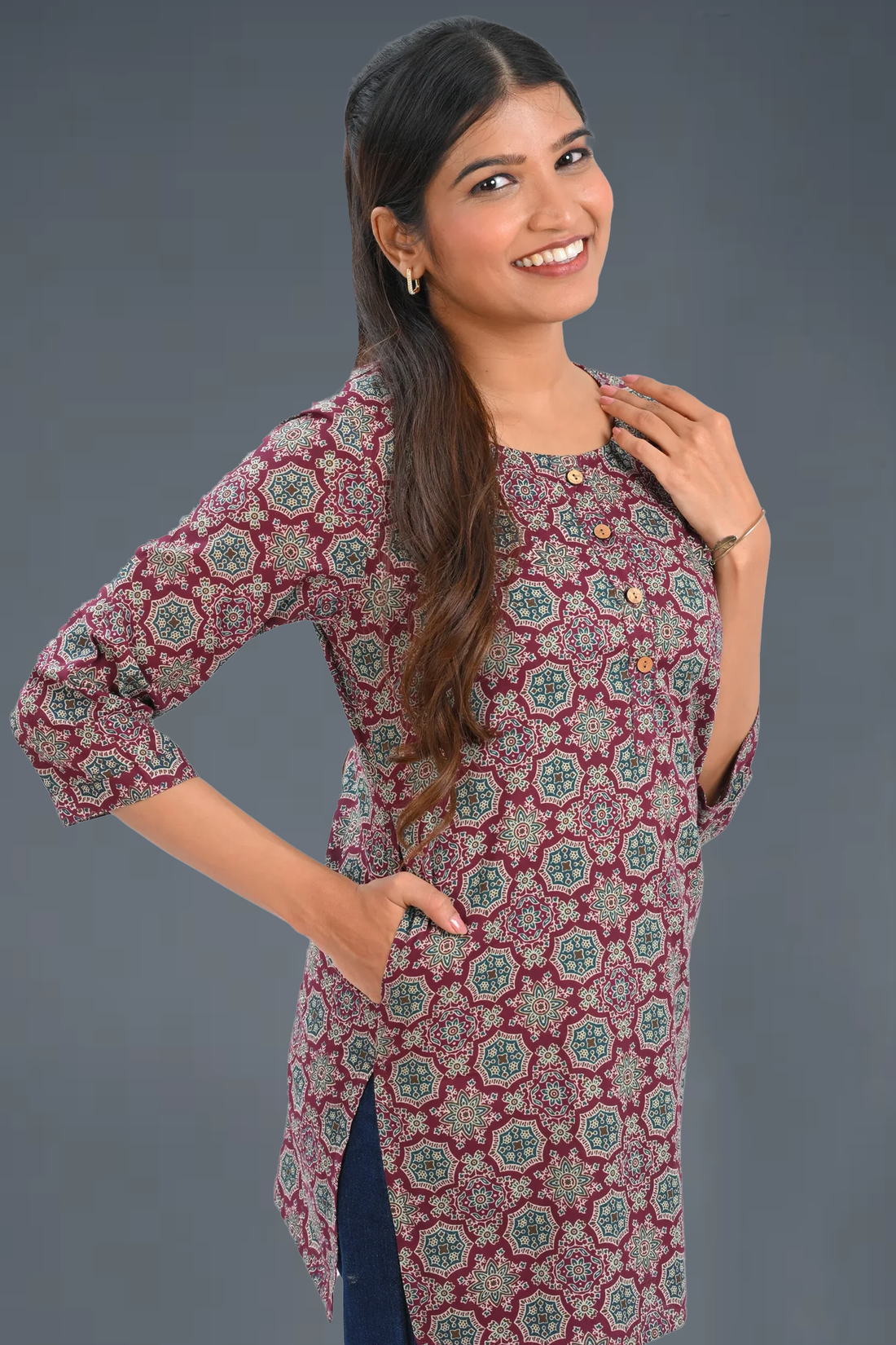 Burgundy Cotton Printed Short Kurti