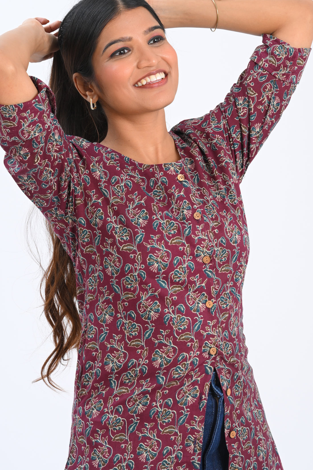 Burgundy Cotton Printed Short Kurti