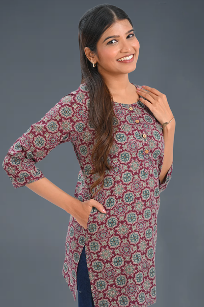Burgundy Cotton Printed Short Kurti