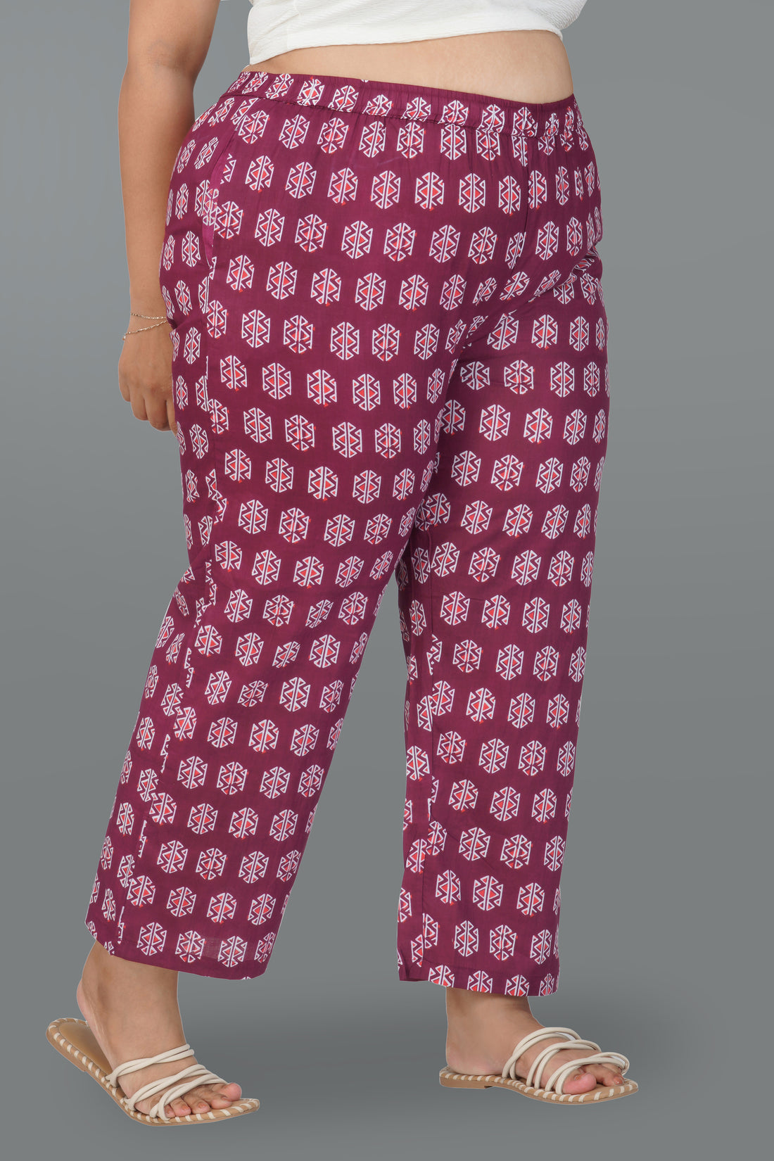 Burgundy Plus Size Cotton Printed Bottom