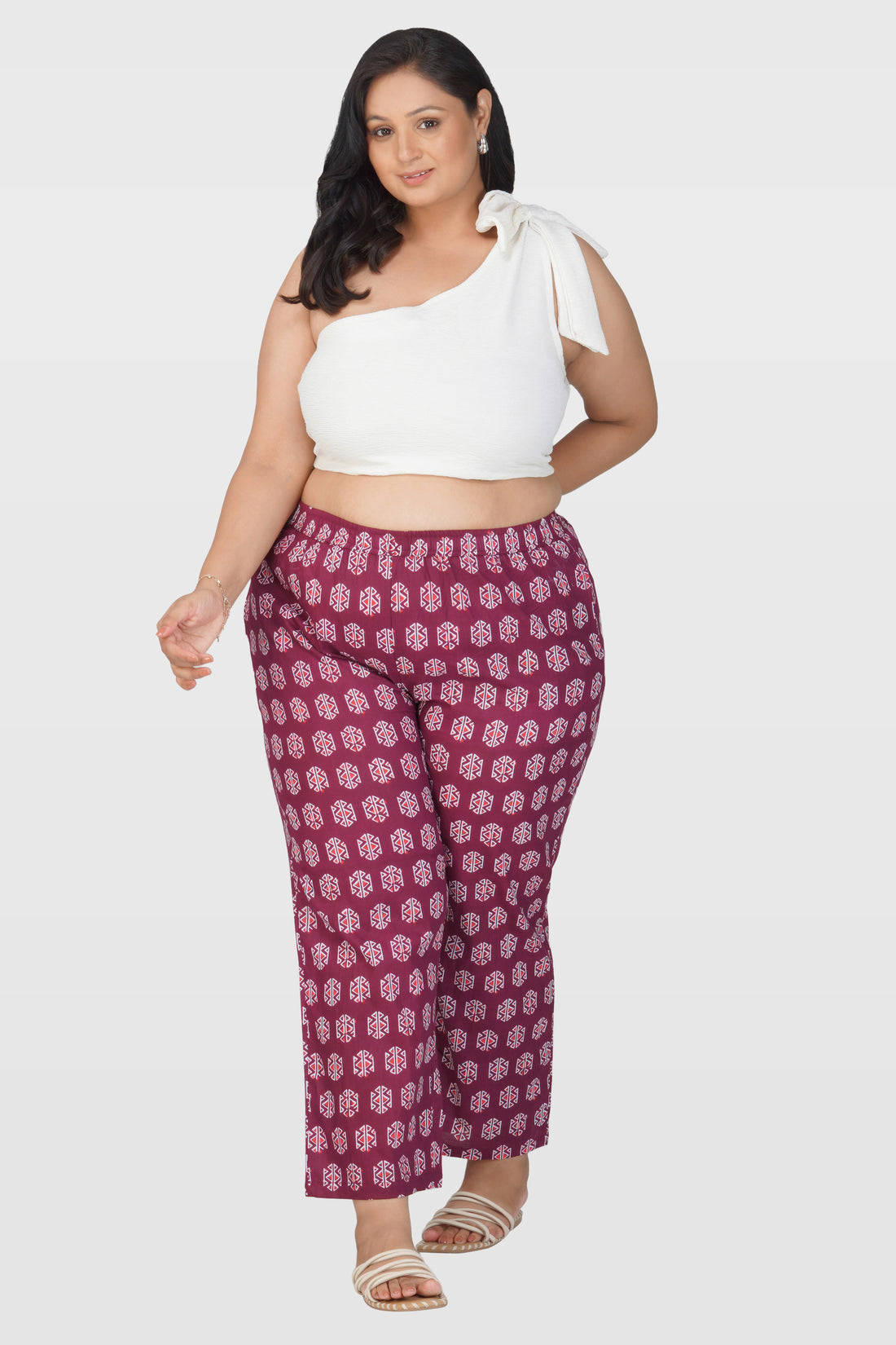Burgundy Plus Size Cotton Printed Bottom