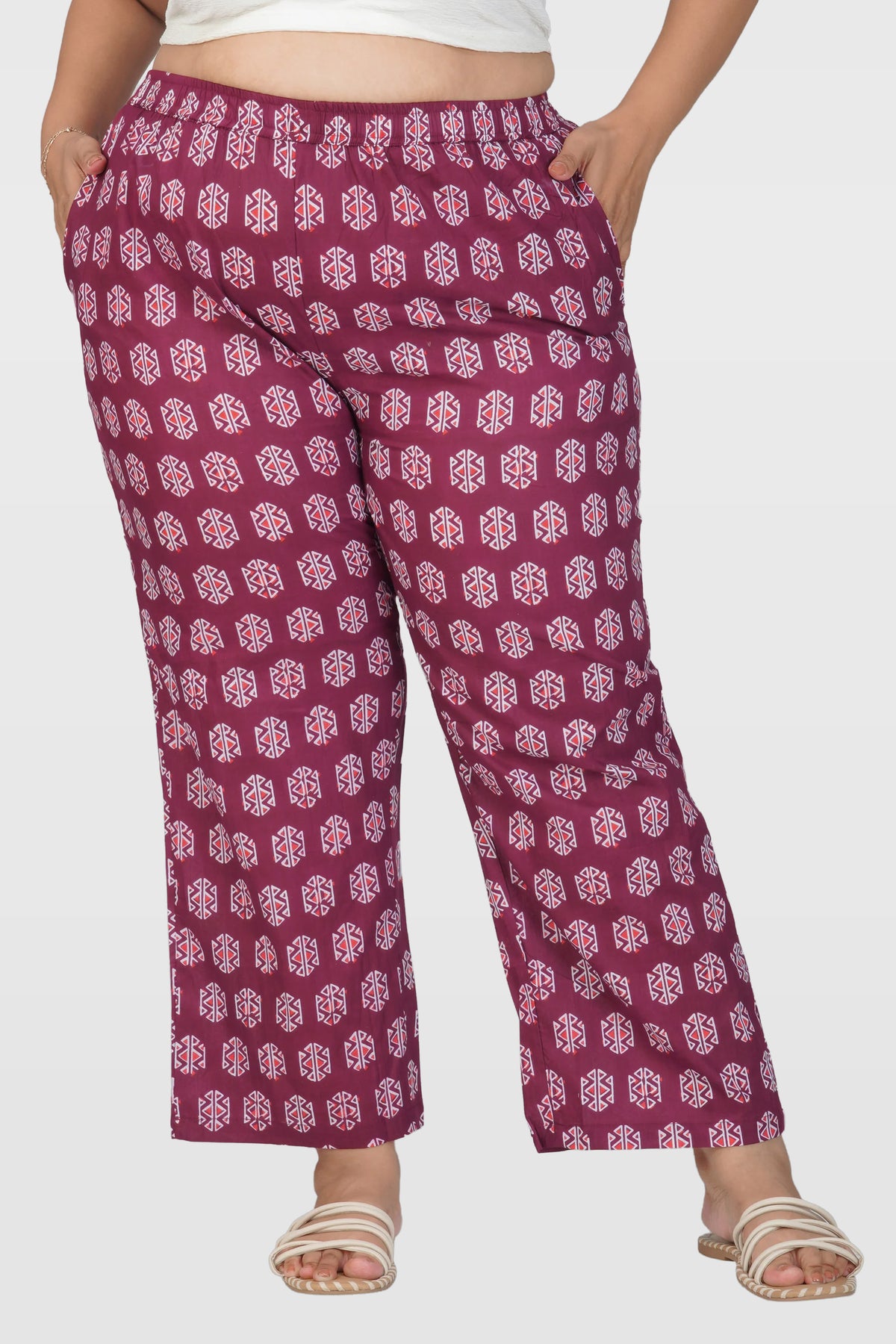 Burgundy Plus Size Cotton Printed Bottom