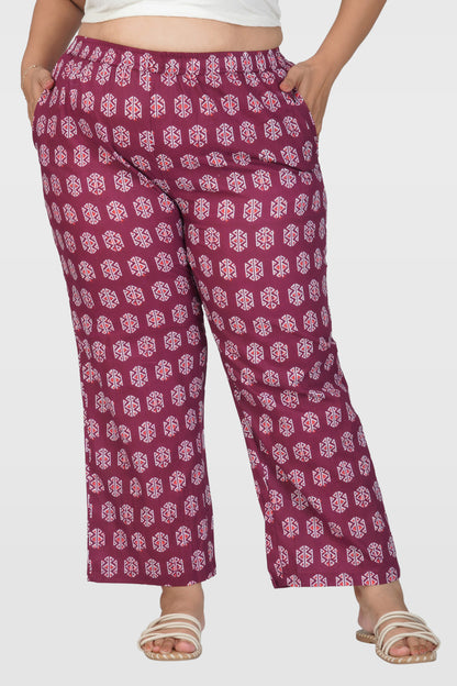 Burgundy Plus Size Cotton Printed Bottom