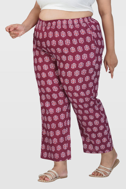 Burgundy Plus Size Cotton Printed Bottom