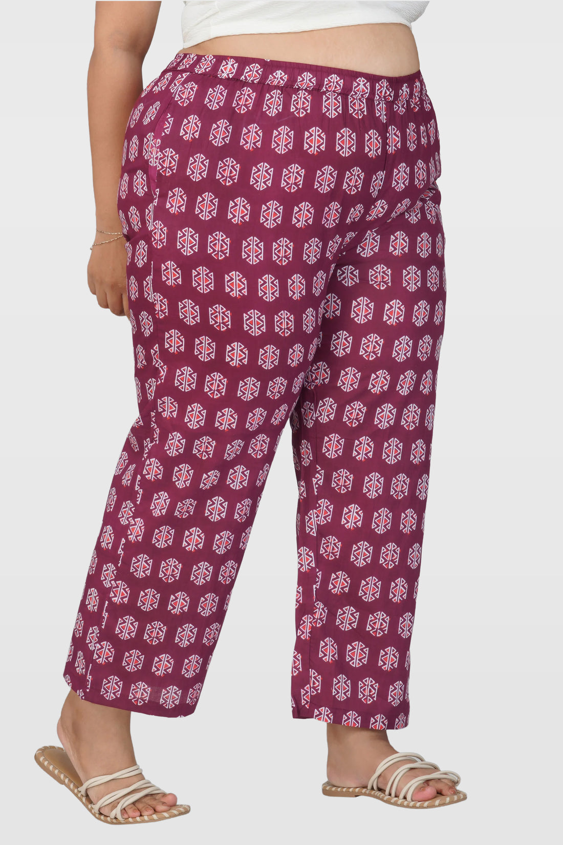 Burgundy Plus Size Cotton Printed Bottom