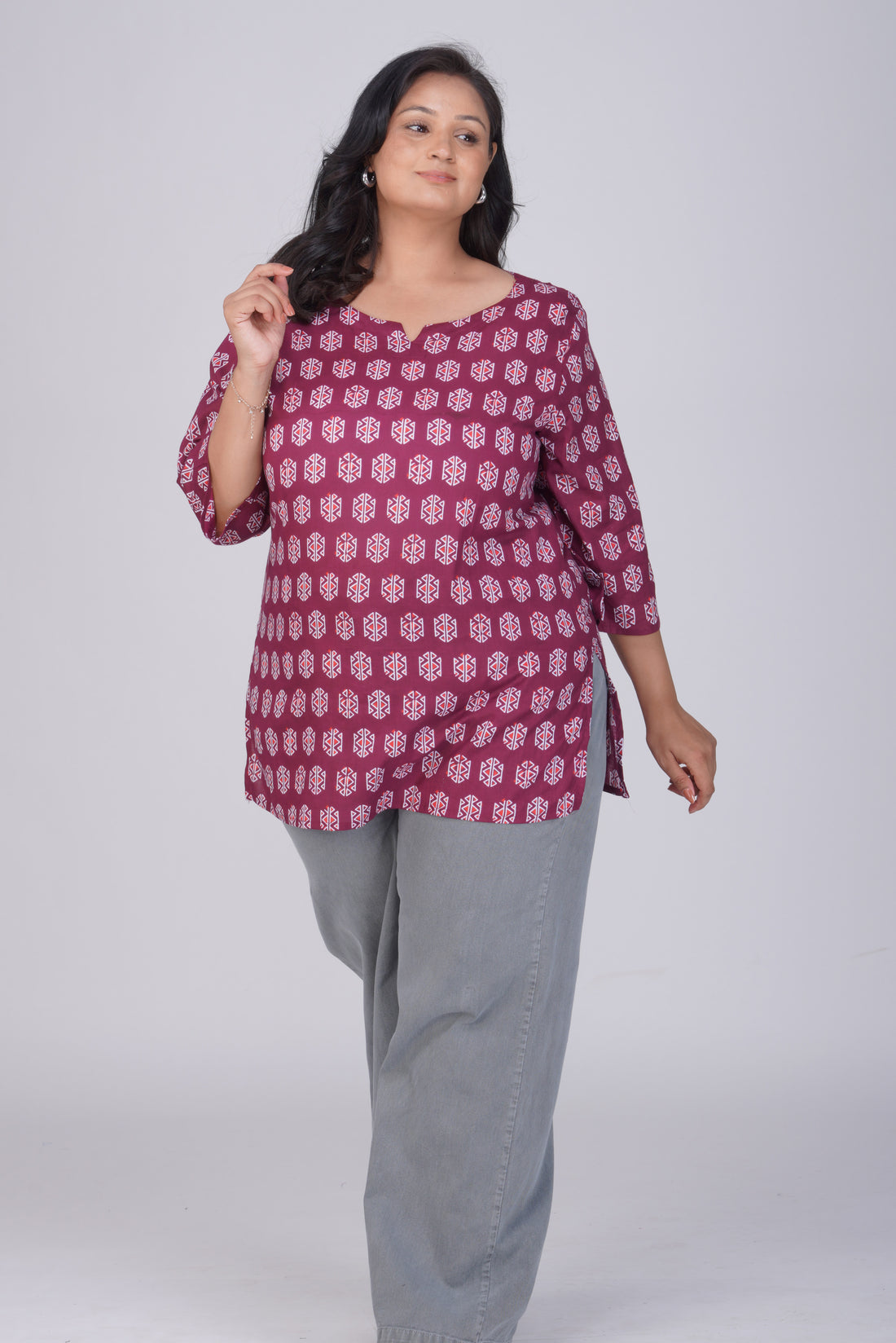 Burgundy Plus Size Cotton Printed Kurti