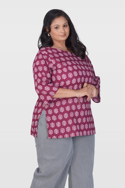 Burgundy Plus Size Cotton Printed Kurti