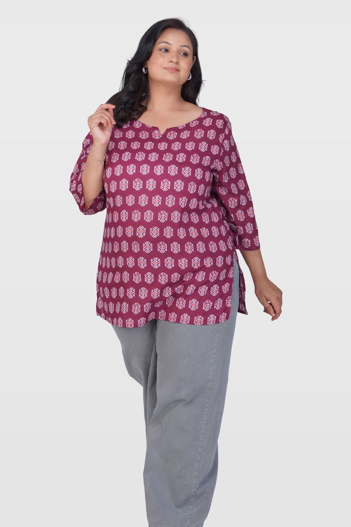 Burgundy Plus Size Cotton Printed Kurti