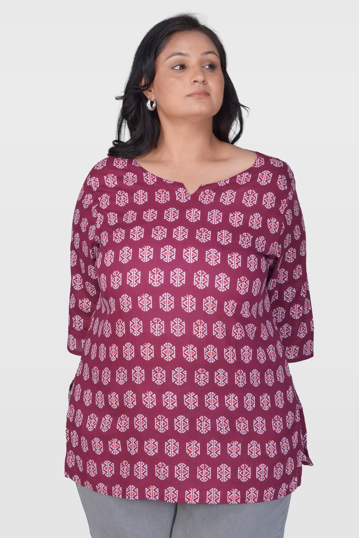 Burgundy Plus Size Cotton Printed Kurti
