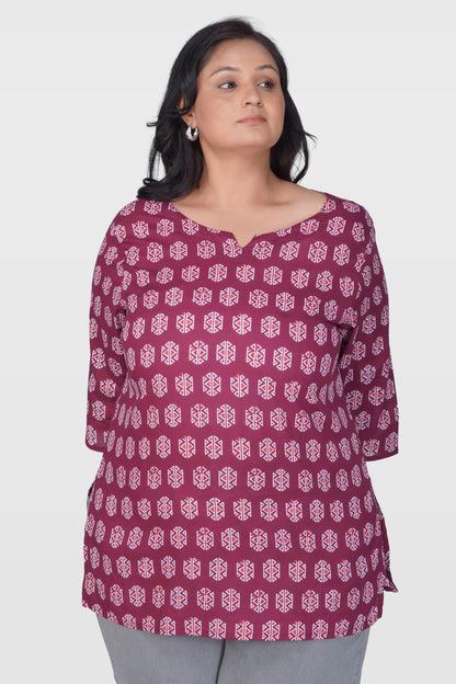 Burgundy Plus Size Cotton Printed Kurti