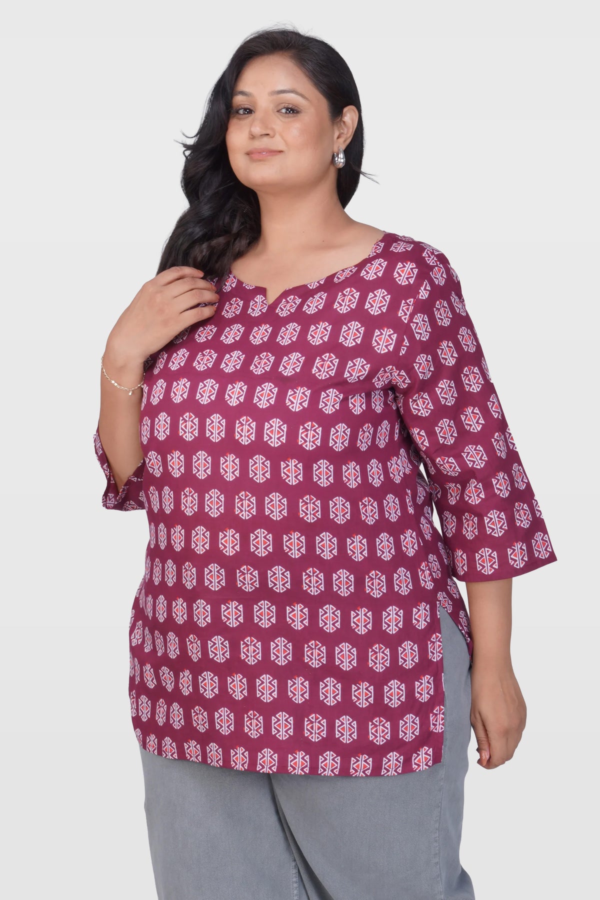 Burgundy Plus Size Cotton Printed Kurti