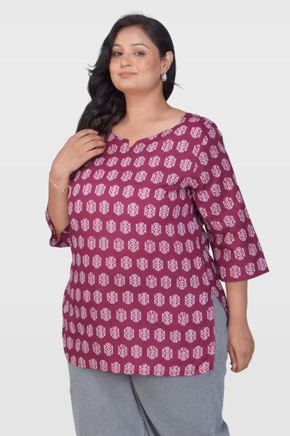 Burgundy Plus Size Cotton Printed Kurti