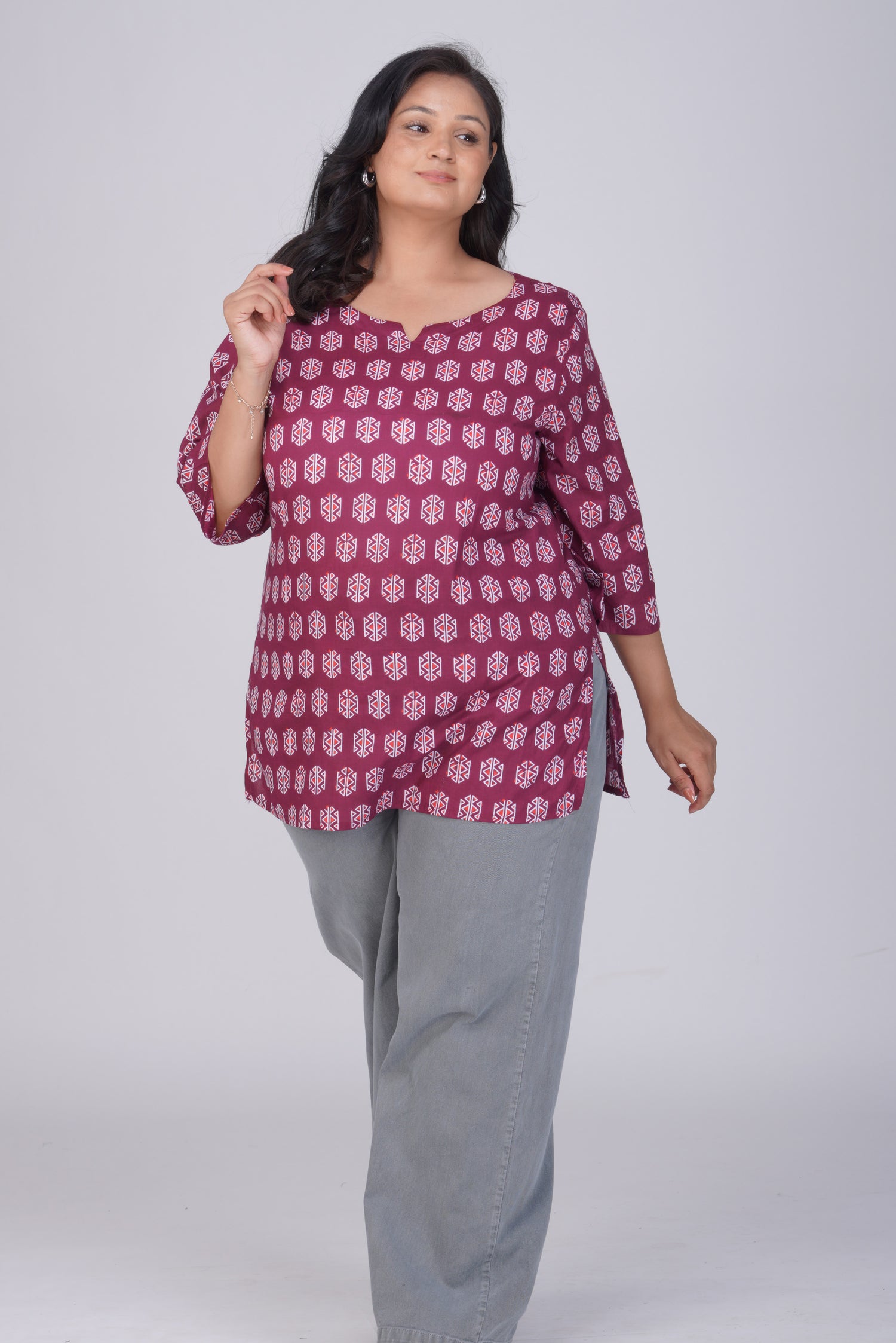Burgundy Plus Size Cotton Printed Kurti