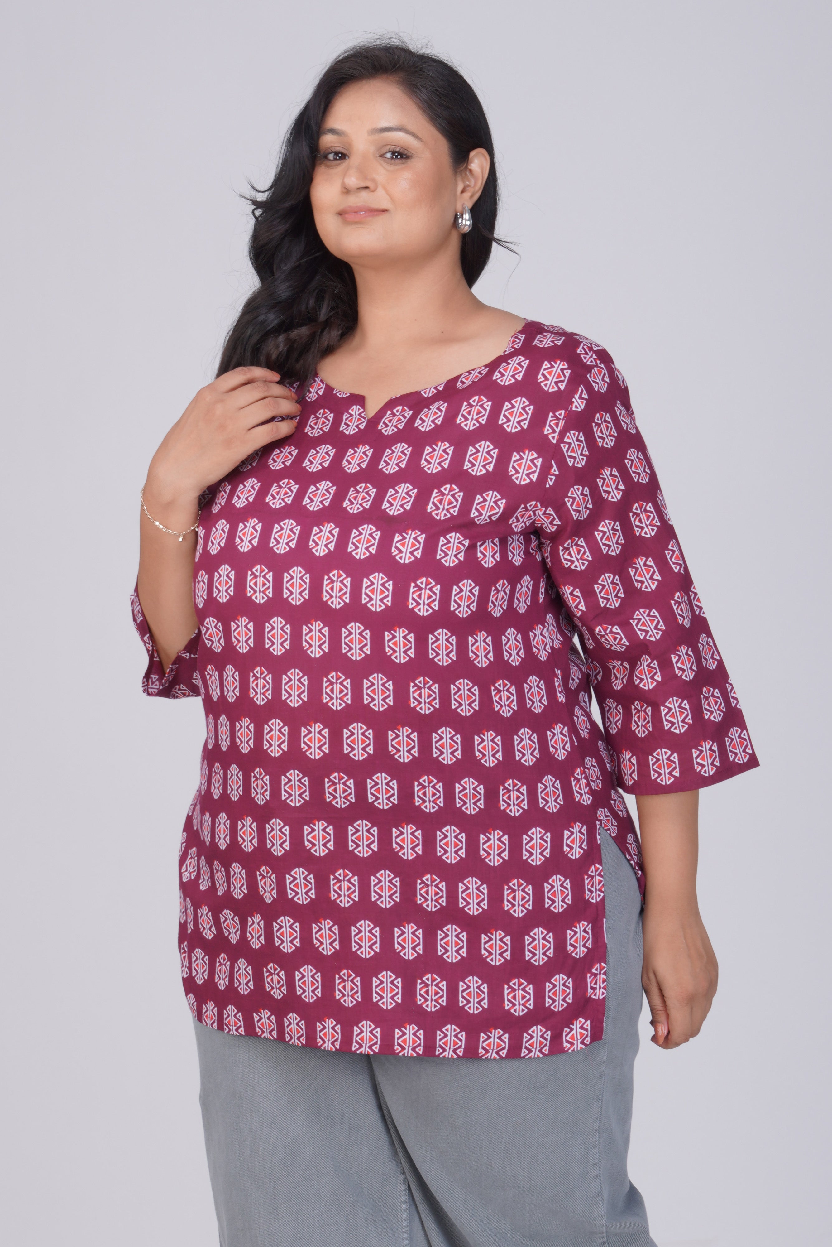 Burgundy Plus Size Cotton Printed Kurti