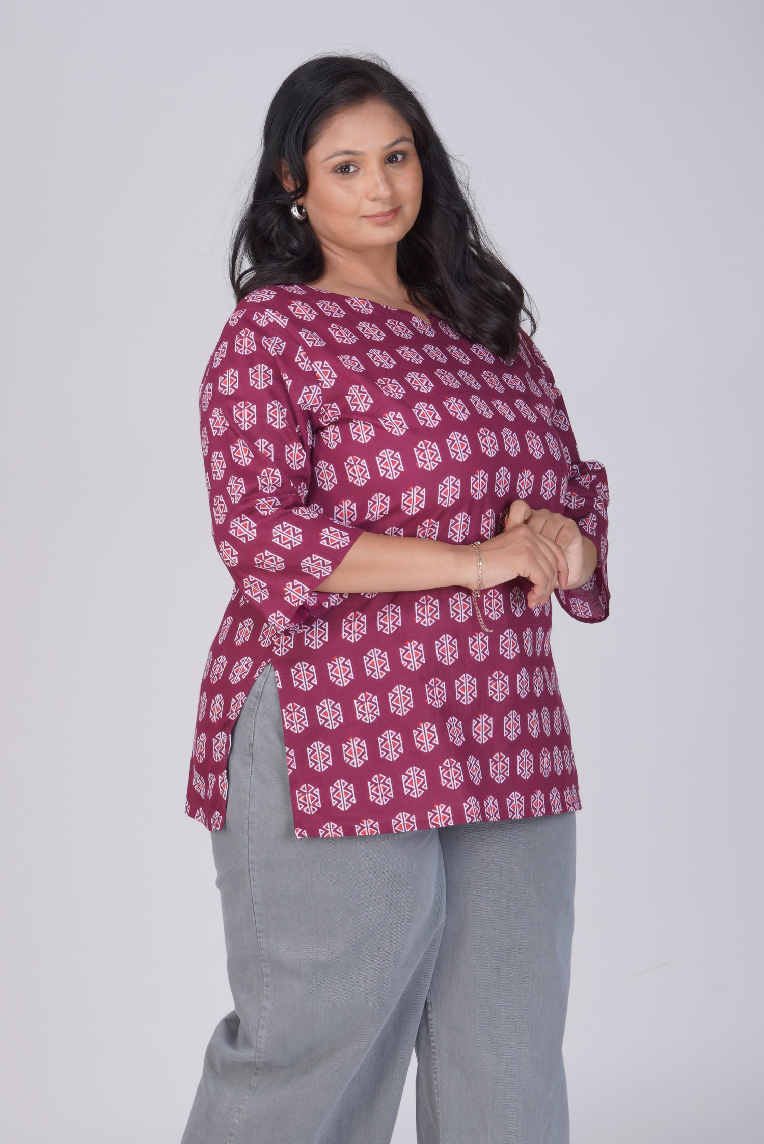 Burgundy Plus Size Cotton Printed Kurti