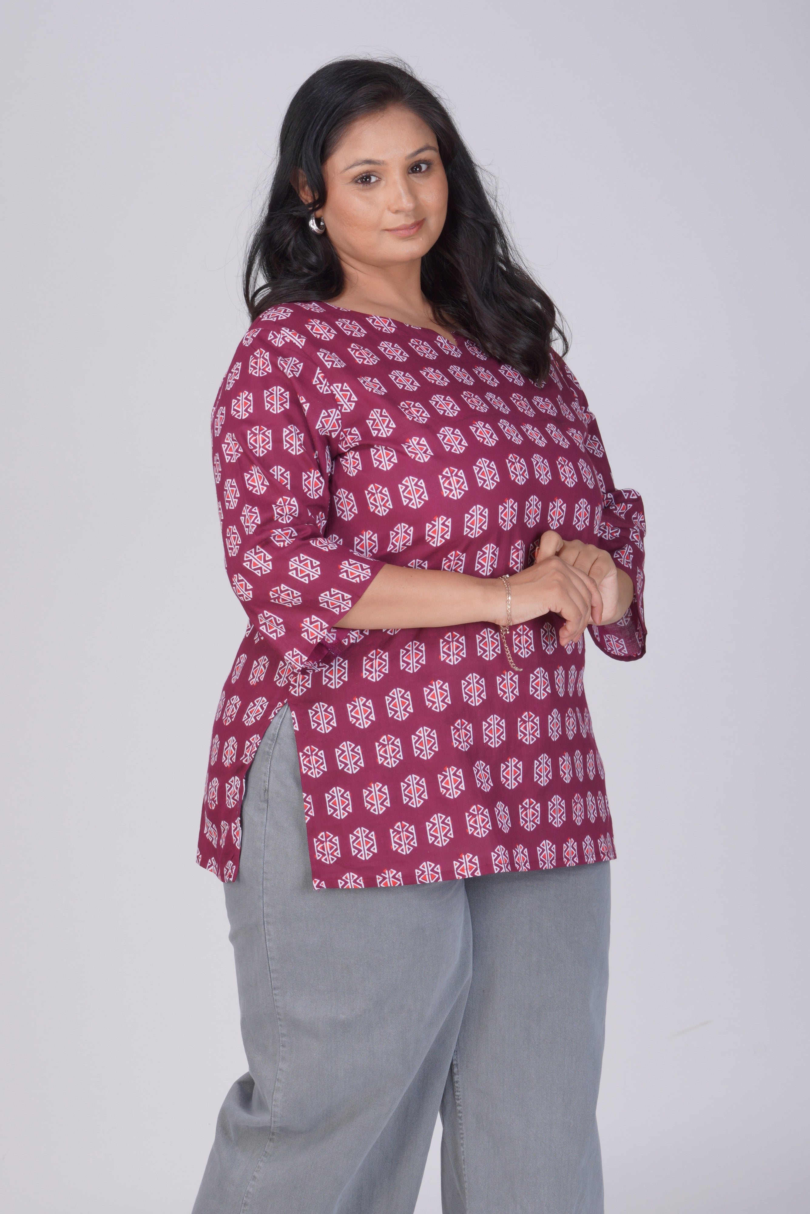 Burgundy Plus Size Cotton Printed Kurti