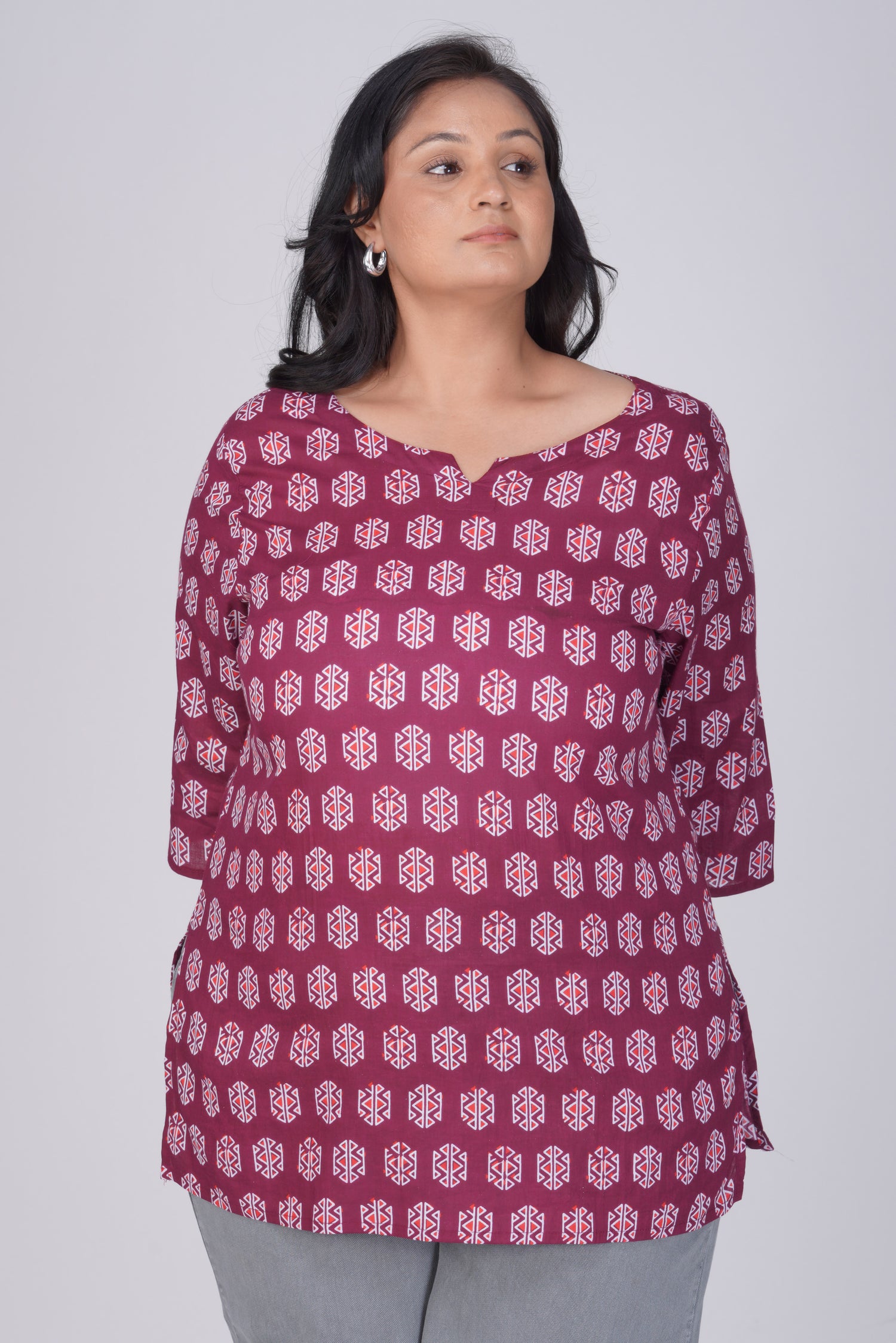 Burgundy Plus Size Cotton Printed Kurti