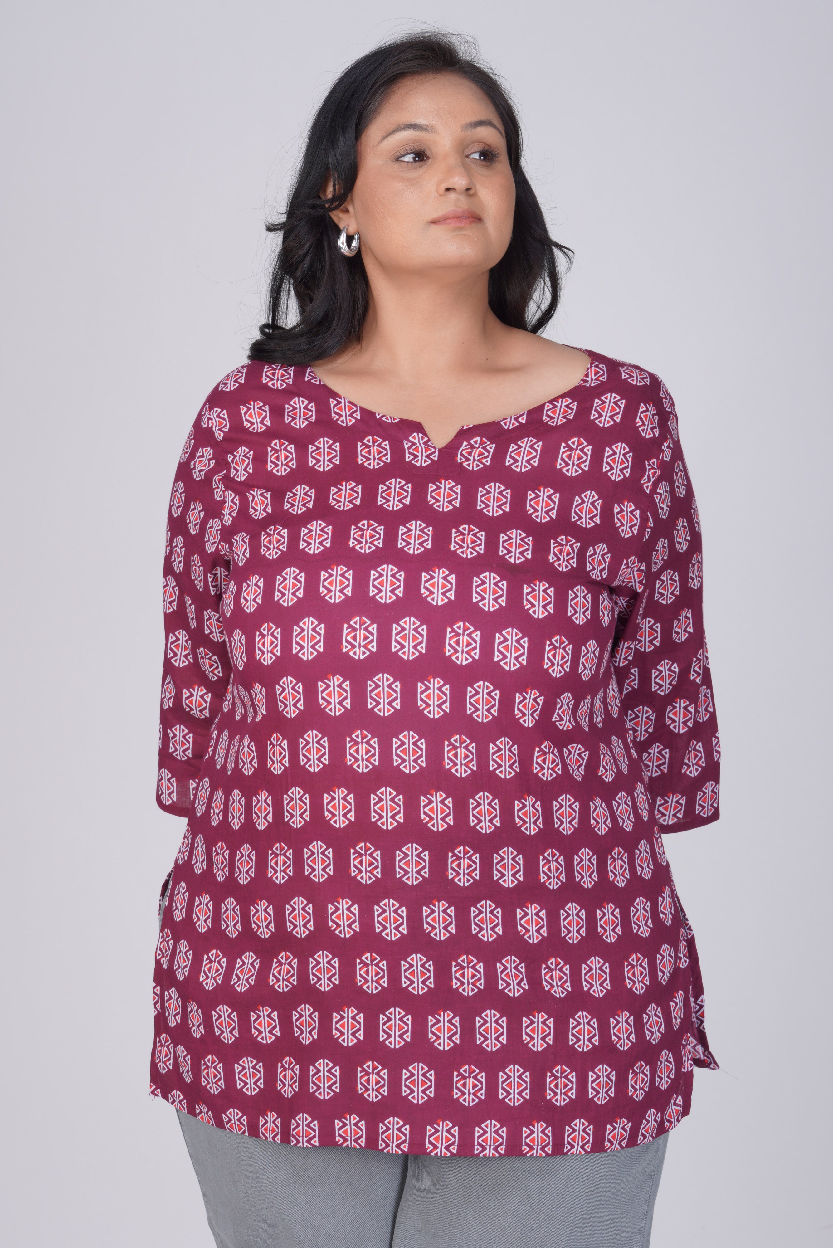 Burgundy Plus Size Cotton Printed Kurti