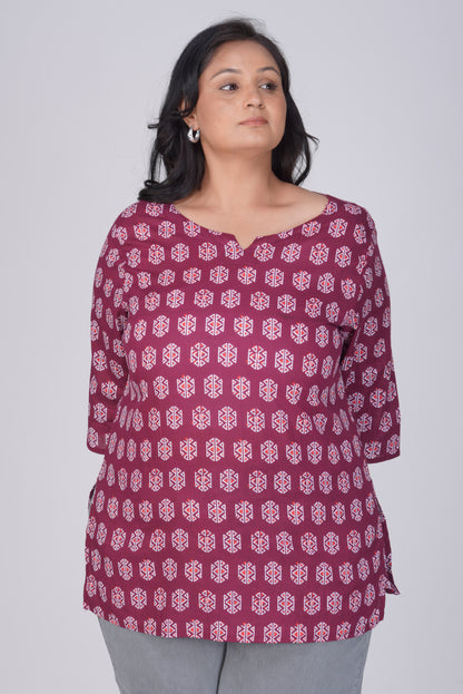 Burgundy Plus Size Cotton Printed Kurti