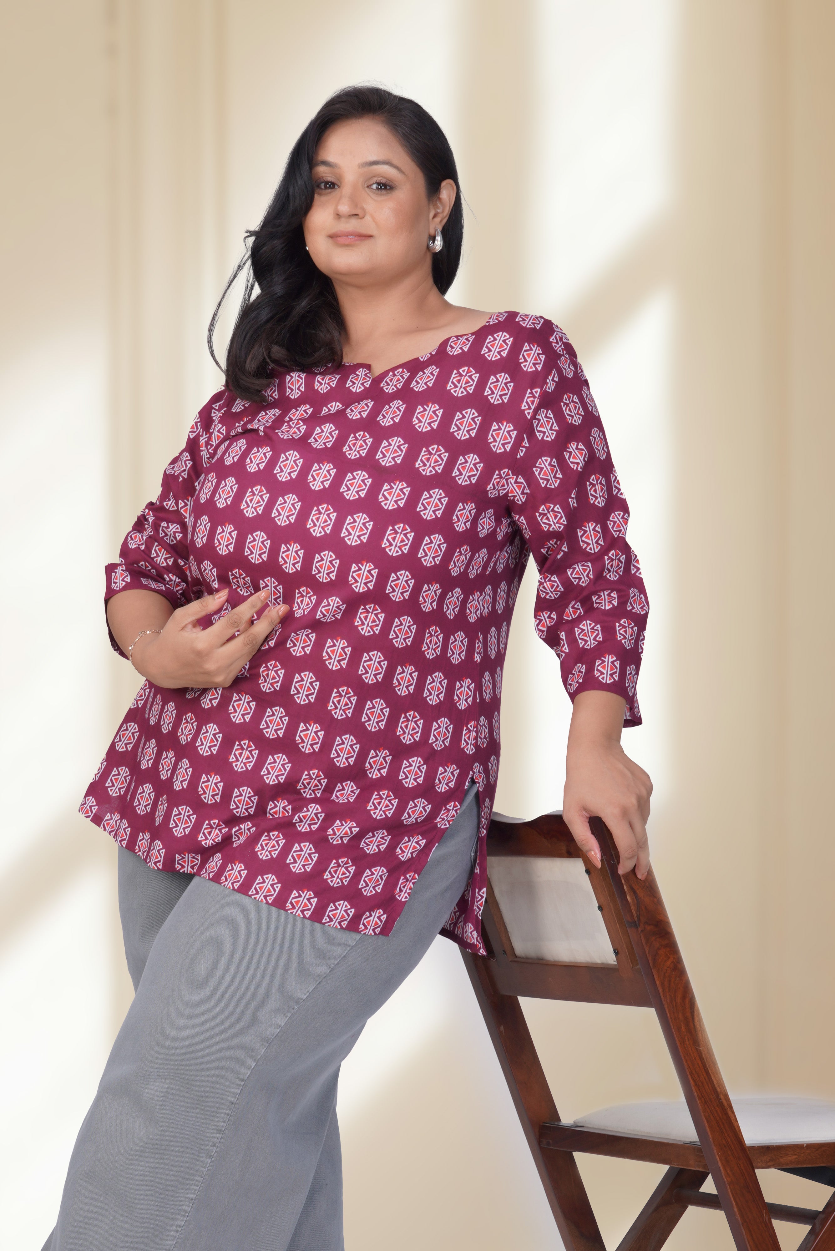 Burgundy Plus Size Cotton Printed Kurti