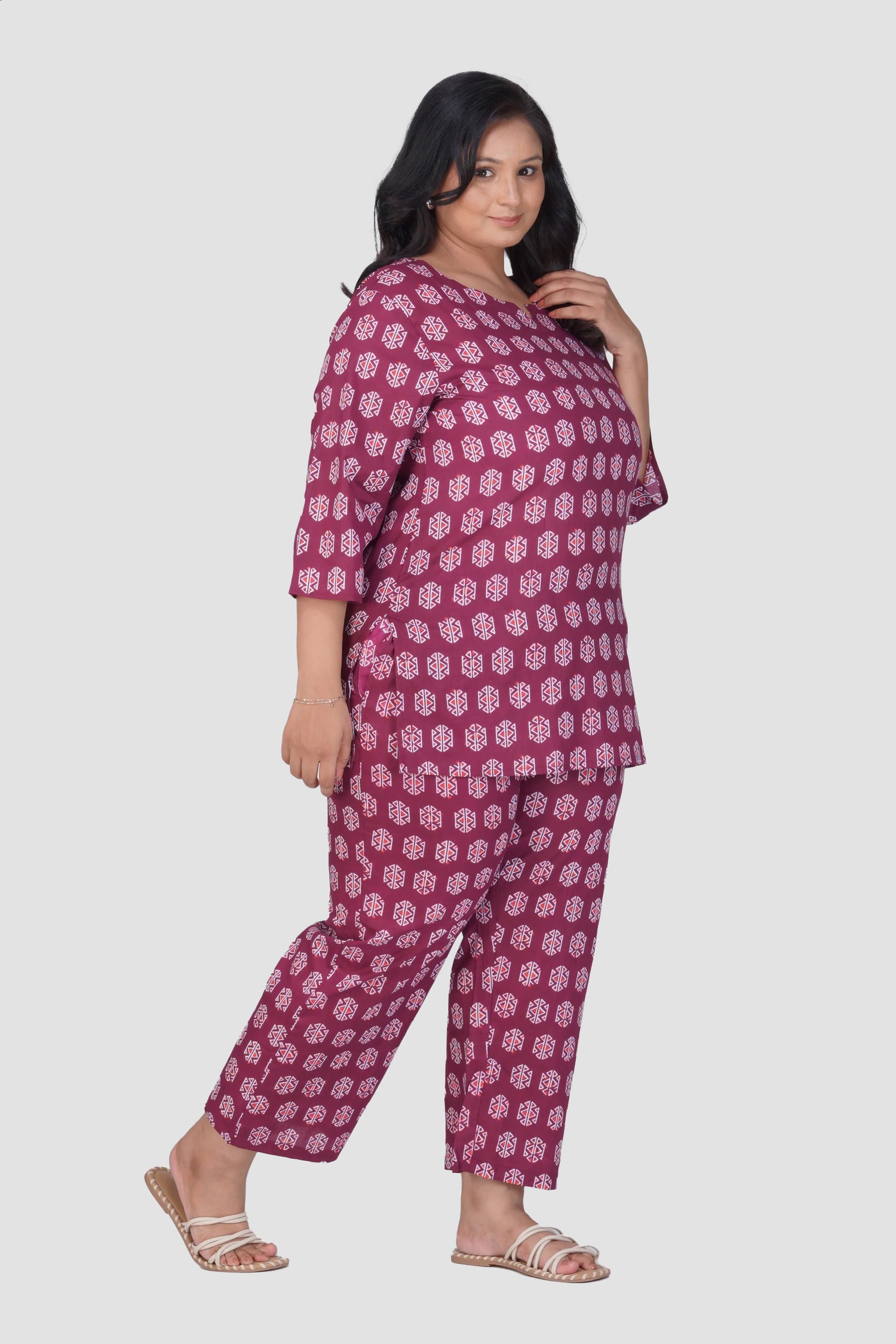 Burgundy Plus Size Cotton Printed Pyjama Set