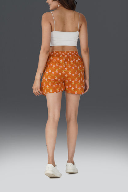 Burnt Orange Cotton Printed Shorts