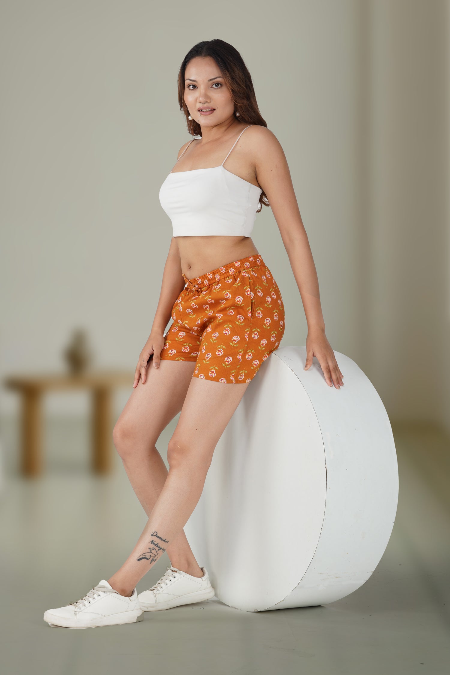 Burnt Orange Cotton Printed Shorts