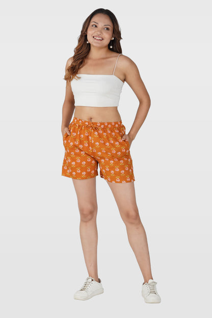 Burnt Orange Cotton Printed Shorts