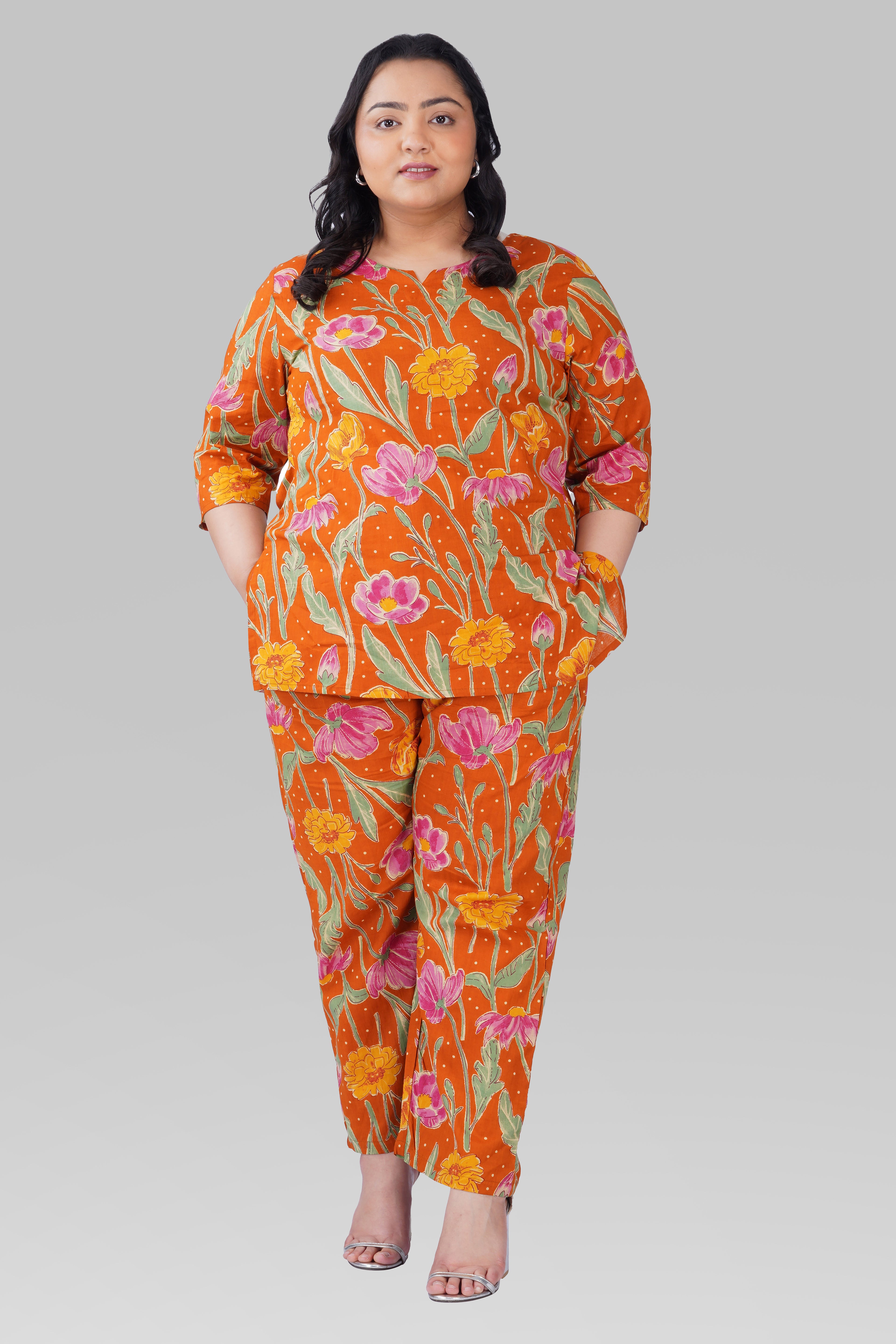 Burnt Orange Plus Size Cotton Printed Pyjama Set