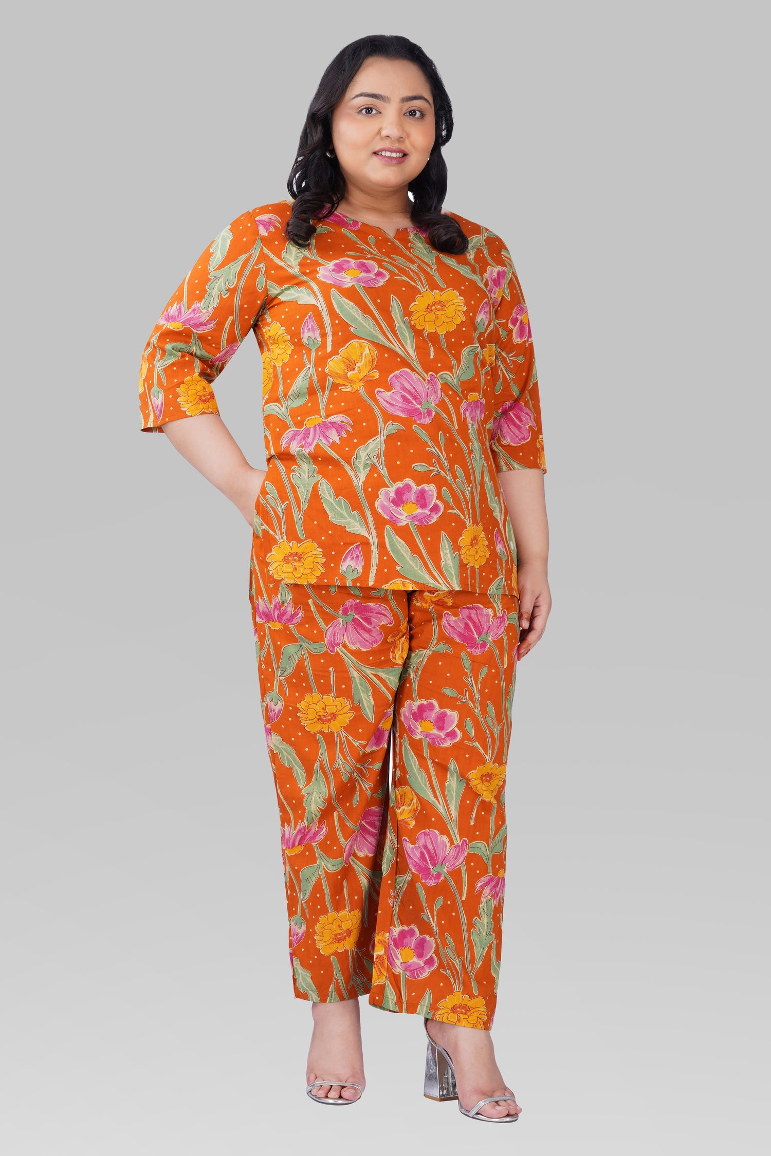 Burnt Orange Plus Size Cotton Printed Pyjama Set