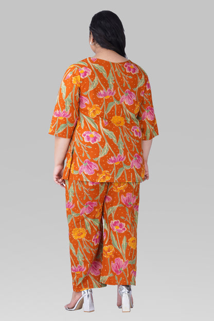 Burnt Orange Plus Size Cotton Printed Pyjama Set
