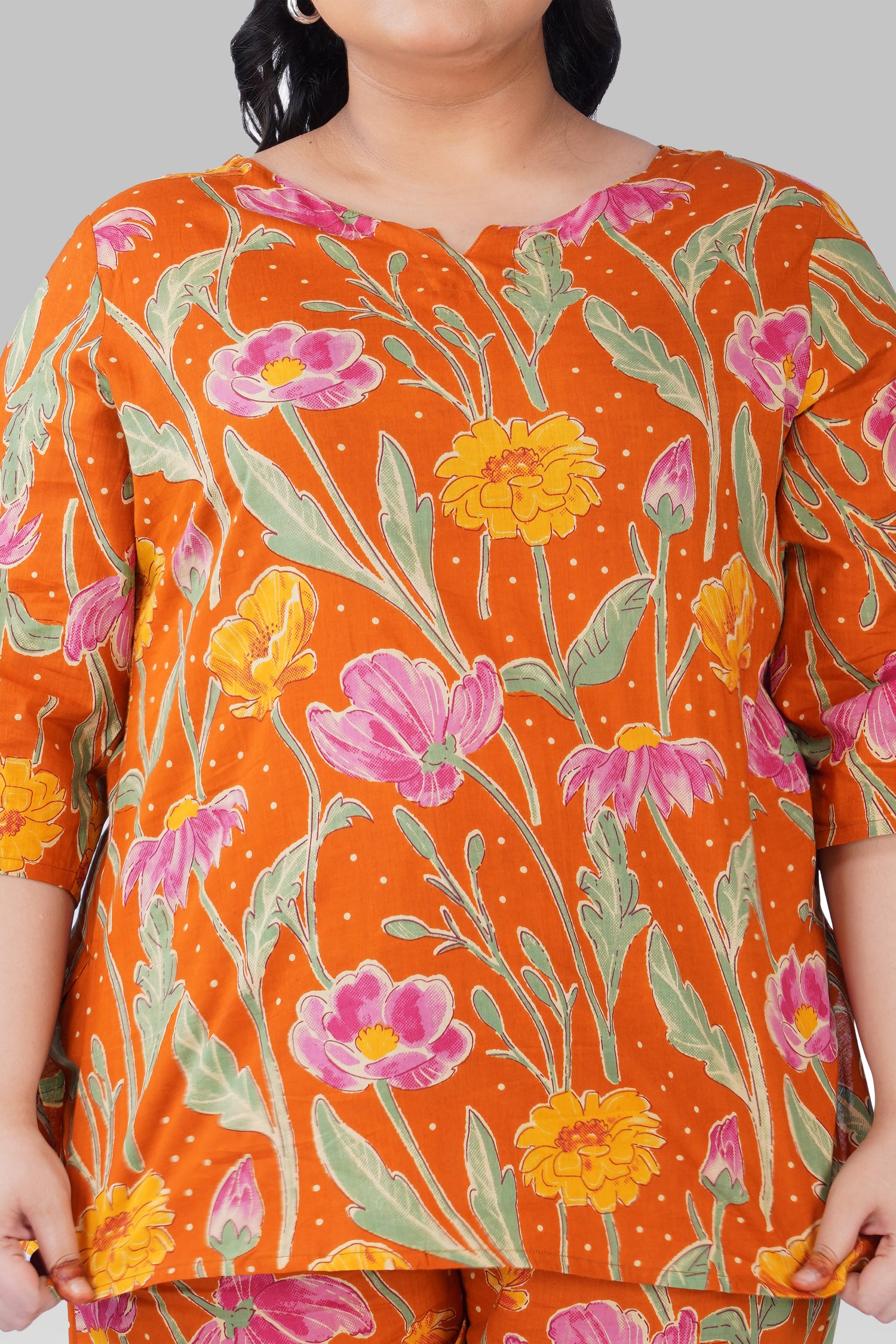 Burnt Orange Plus Size Cotton Printed Pyjama Set